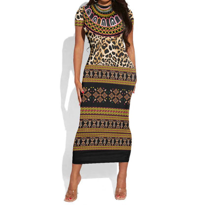 Cameroon Cheetah Toghu Pattern Short Sleeve Bodycon Dress
