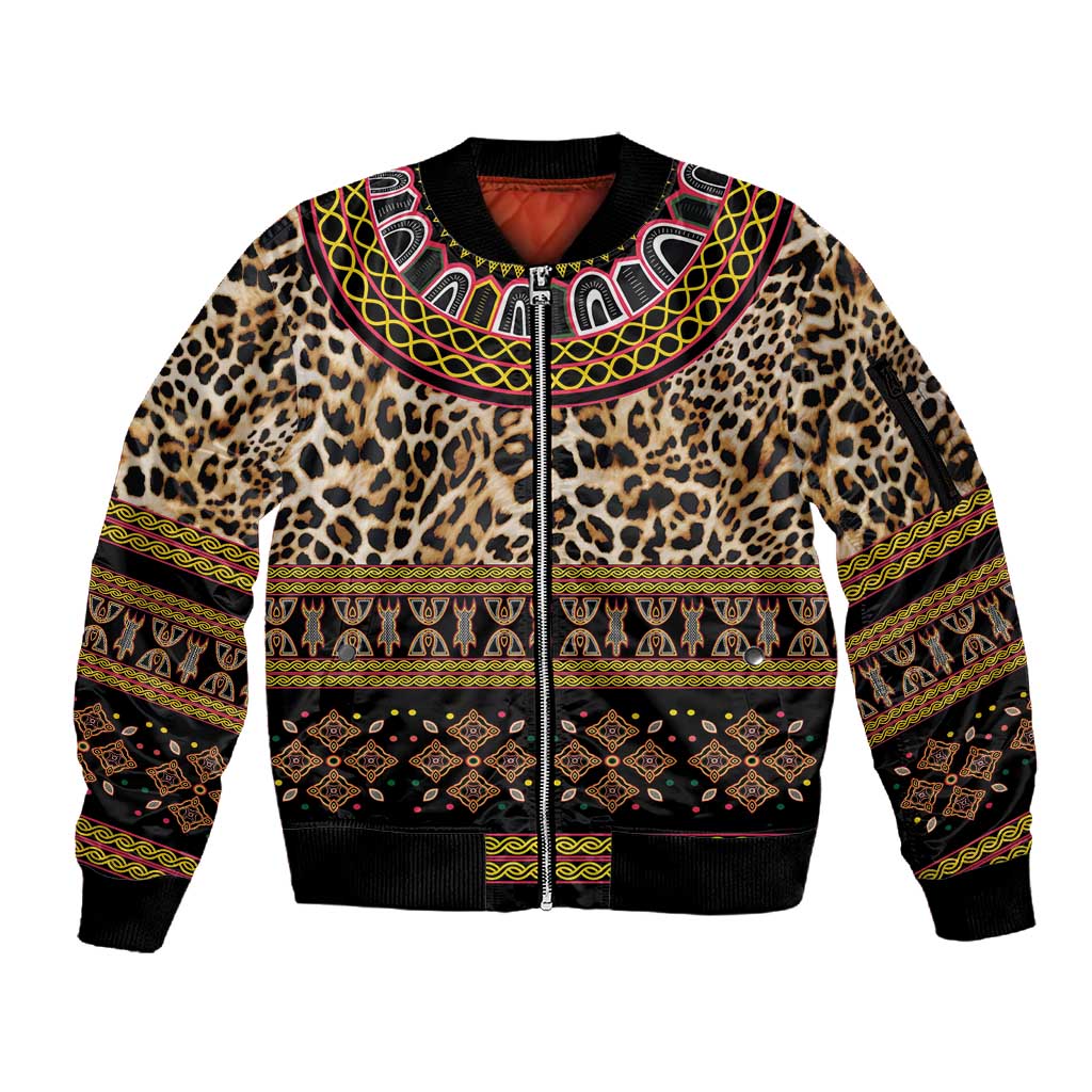 Cameroon Cheetah Toghu Pattern Sleeve Zip Bomber Jacket