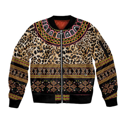 Cameroon Cheetah Toghu Pattern Sleeve Zip Bomber Jacket