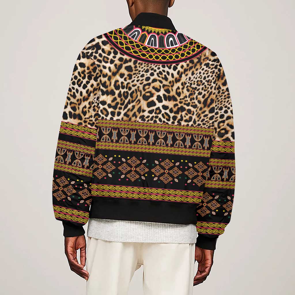 Cameroon Cheetah Toghu Pattern Sleeve Zip Bomber Jacket