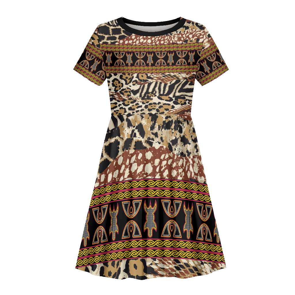 Cameroon Toghu Kid Short Sleeve Dress Wild Animal Skins Seamless Pattern