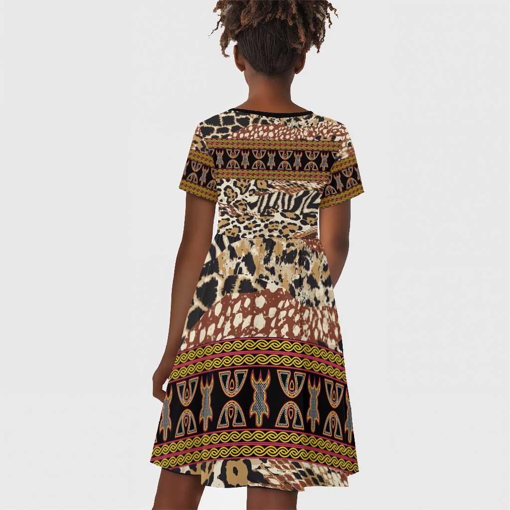 Cameroon Toghu Kid Short Sleeve Dress Wild Animal Skins Seamless Pattern
