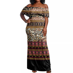 Cameroon Toghu Off Shoulder Maxi Dress Wild Animal Skins Seamless Pattern