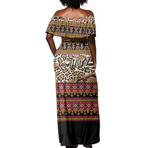 Cameroon Toghu Off Shoulder Maxi Dress Wild Animal Skins Seamless Pattern