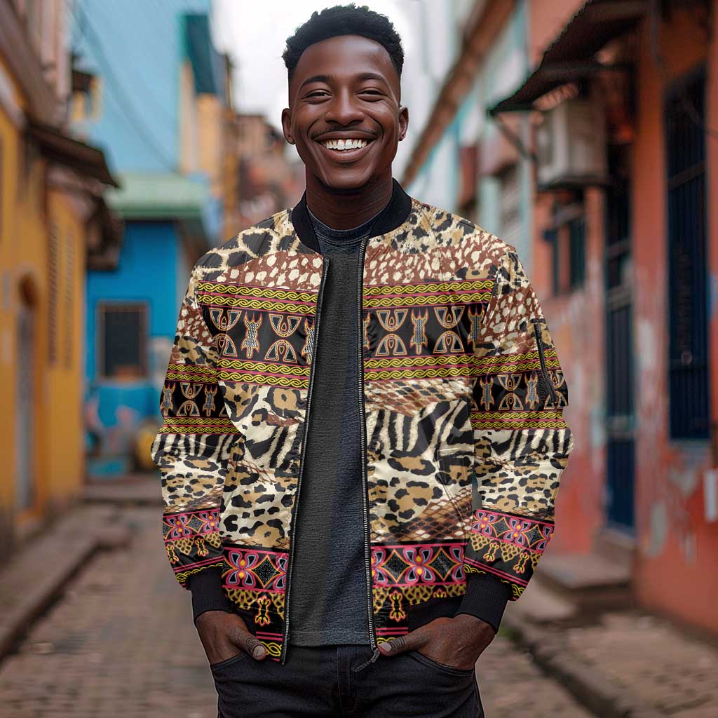 Cameroon Toghu Sleeve Zip Bomber Jacket Wild Animal Skins Seamless Pattern