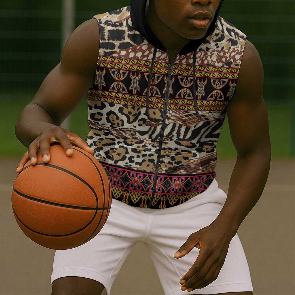 Cameroon Toghu Sleeveless Zip Hoodie Wild Animal Skins Seamless Pattern