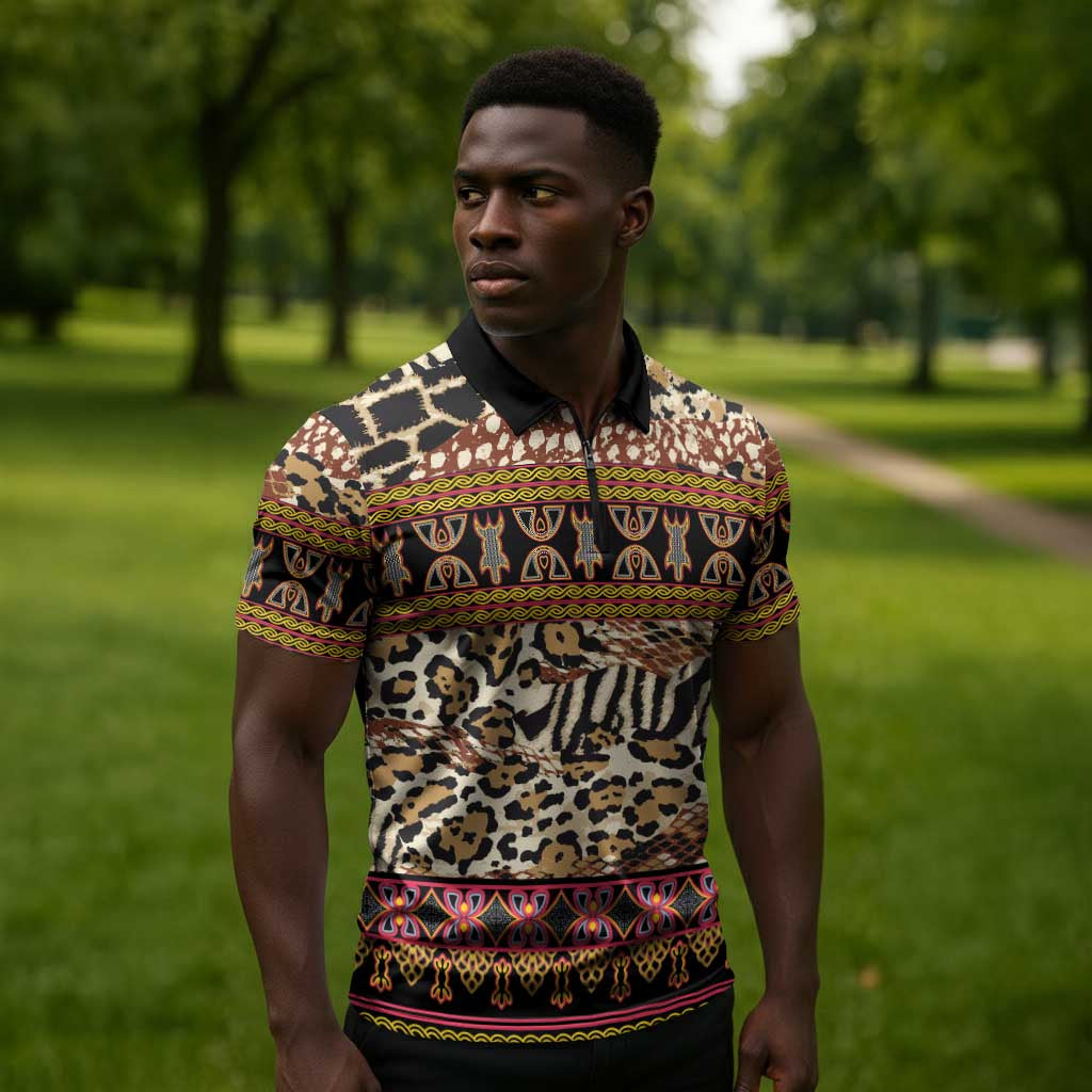 Cameroon Toghu Zipper Polo Shirt Wild Animal Skins Seamless Pattern