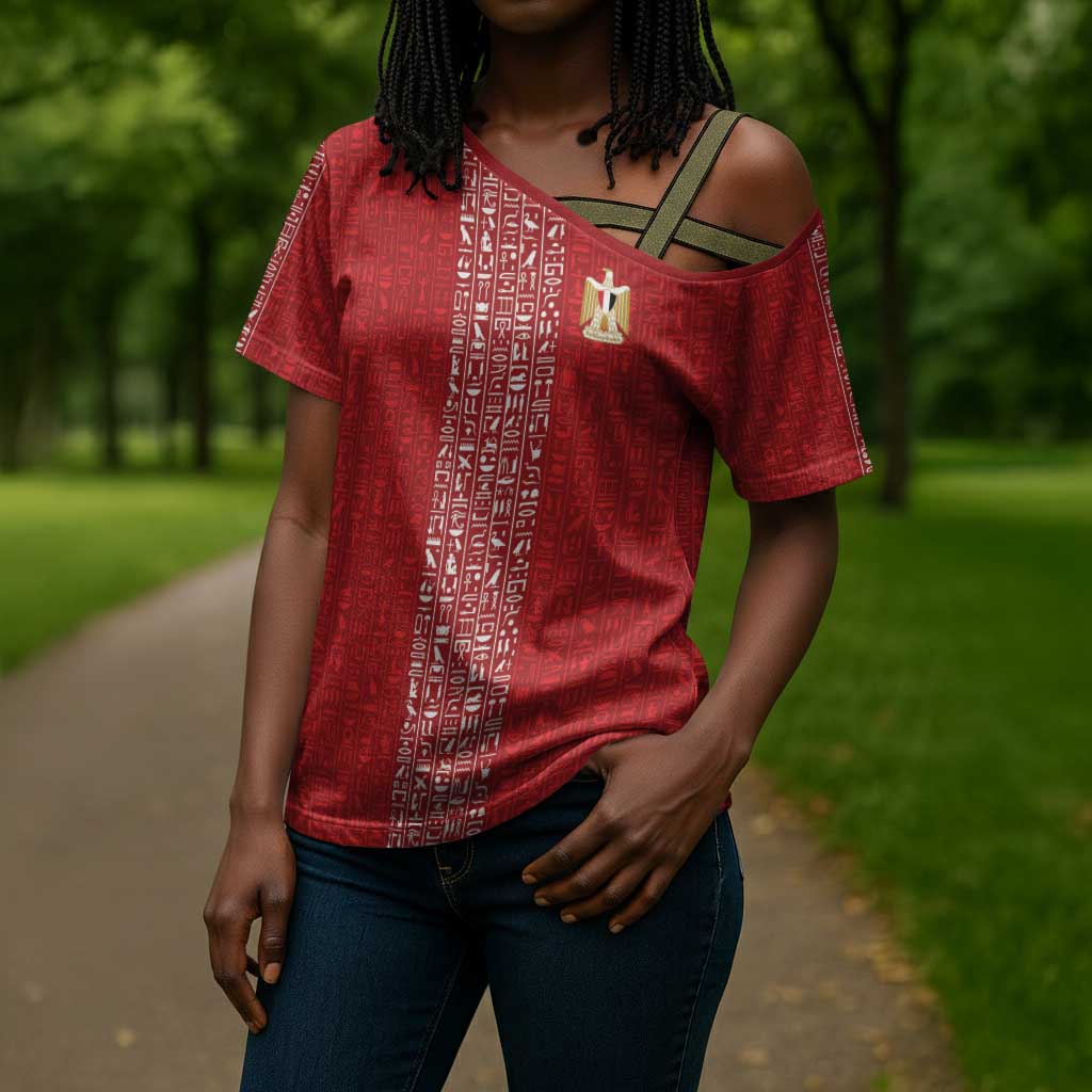 World Football 2026 Egypt Custom Cross Shoulder Shirt Red Ancient Egyptian Hieroglyphs - African Pride