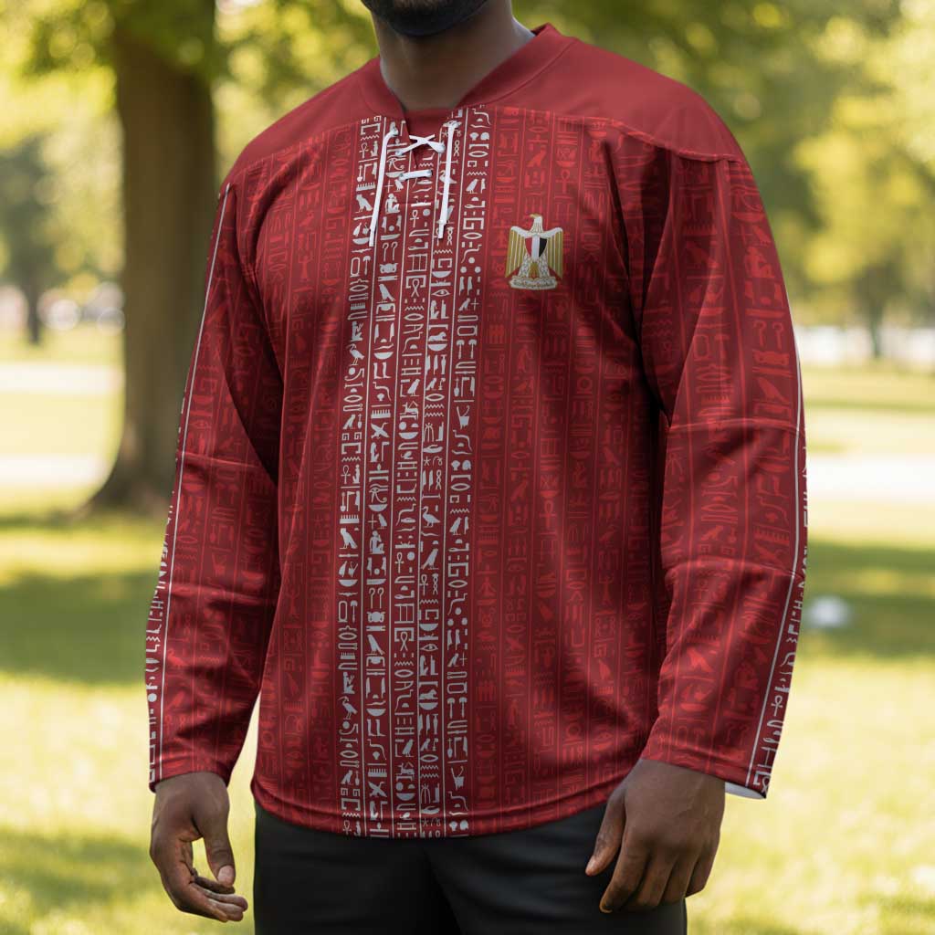 World Football 2026 Egypt Custom Hockey Jersey Red Ancient Egyptian Hieroglyphs - African Pride