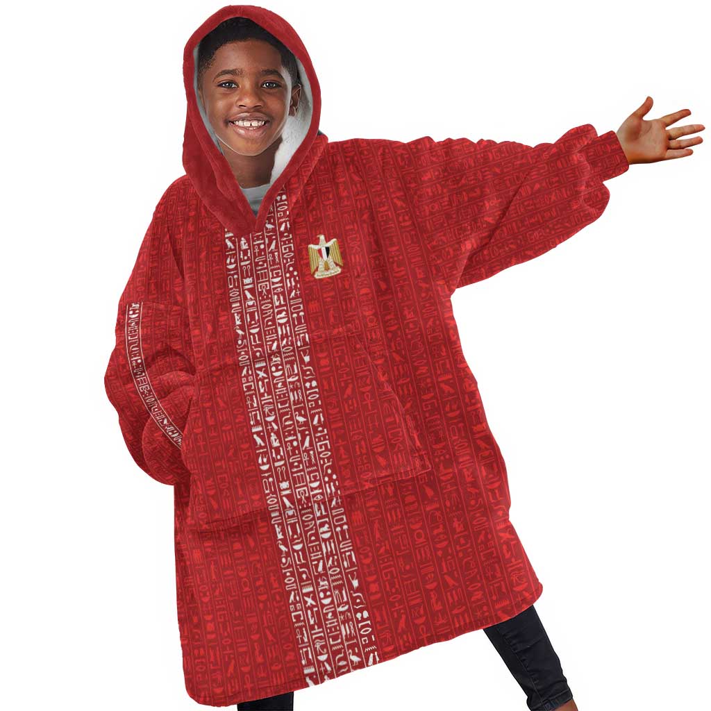 World Football 2026 Egypt Custom Kid Wearable Blanket Hoodie Red Ancient Egyptian Hieroglyphs - African Pride
