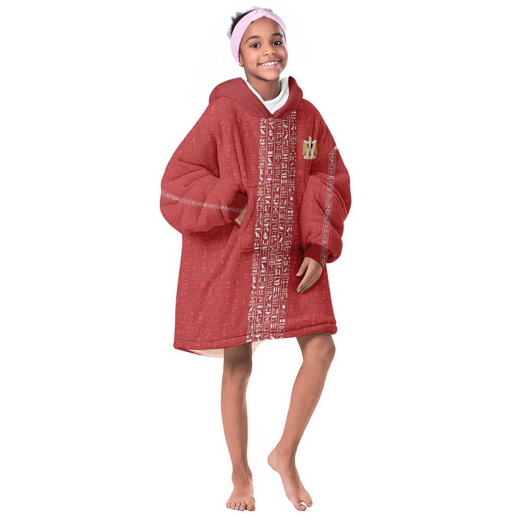 World Football 2026 Egypt Custom Kid Wearable Blanket Hoodie Red Ancient Egyptian Hieroglyphs - African Pride