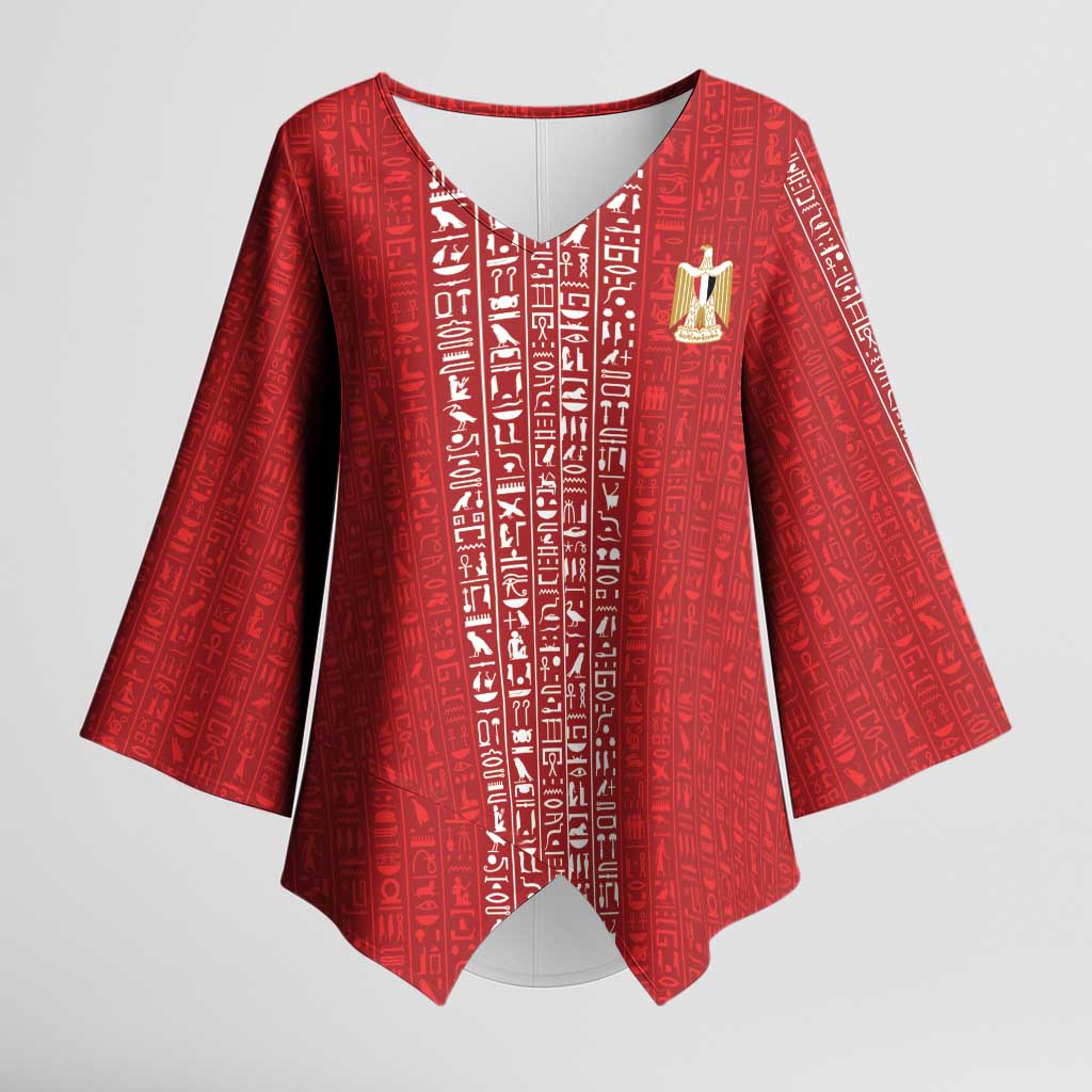 World Football 2026 Egypt Custom Kimono Sleeve Blouse Red Ancient Egyptian Hieroglyphs - African Pride