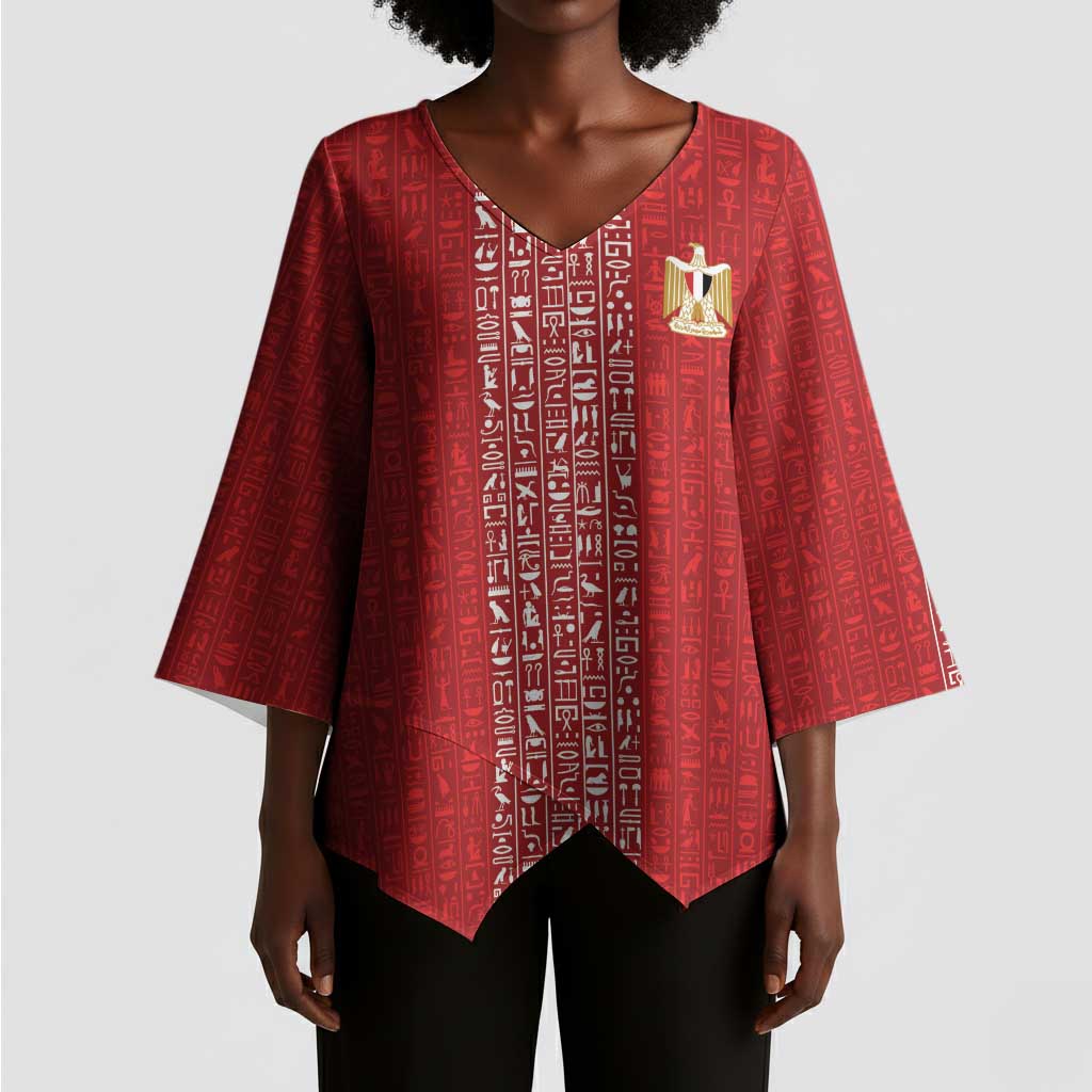 World Football 2026 Egypt Custom Kimono Sleeve Blouse Red Ancient Egyptian Hieroglyphs - African Pride