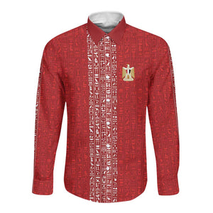 World Football 2026 Egypt Custom Long Sleeve Button Shirt Red Ancient Egyptian Hieroglyphs - African Pride