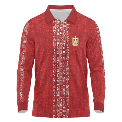World Football 2026 Egypt Custom Long Sleeve Polo Shirt Red Ancient Egyptian Hieroglyphs - African Pride