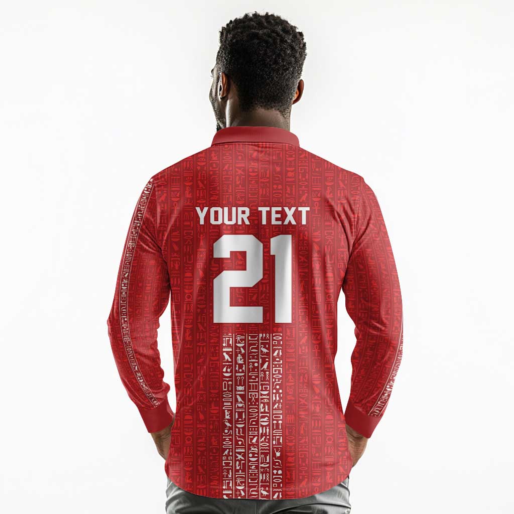 World Football 2026 Egypt Custom Long Sleeve Polo Shirt Red Ancient Egyptian Hieroglyphs - African Pride