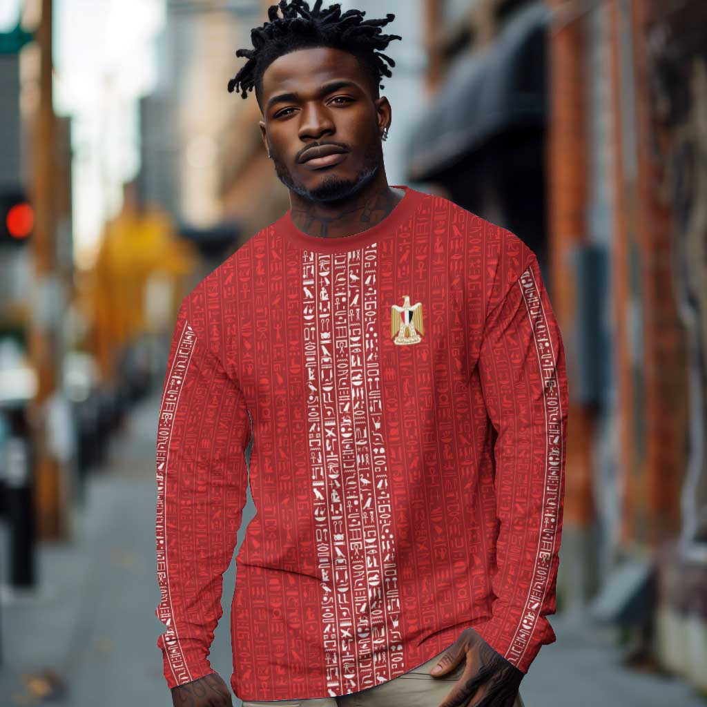 World Football 2026 Egypt Custom Long Sleeve Shirt Red Ancient Egyptian Hieroglyphs - African Pride