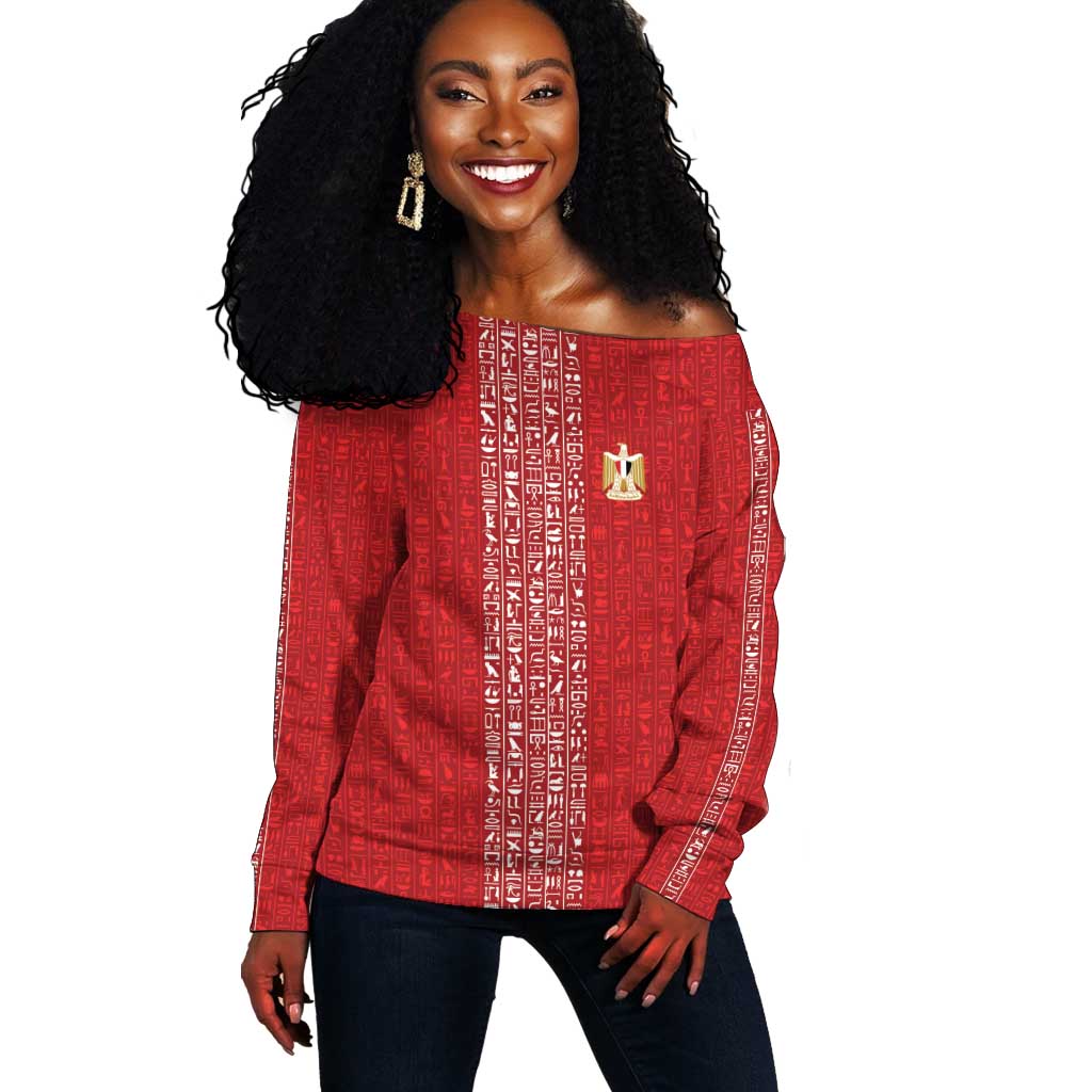 World Football 2026 Egypt Custom Off Shoulder Sweater Red Ancient Egyptian Hieroglyphs - African Pride