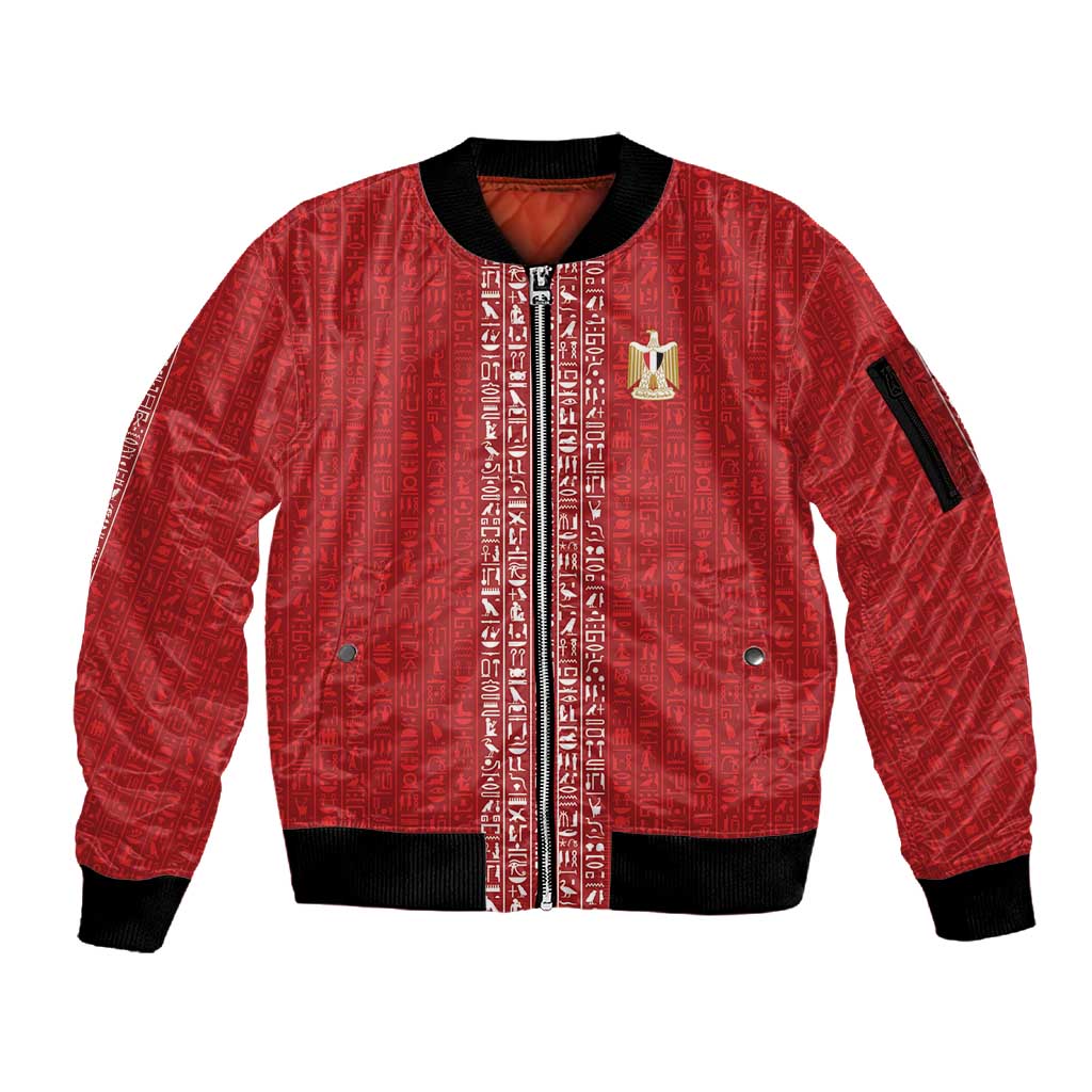 World Football 2026 Egypt Custom Sleeve Zip Bomber Jacket Red Ancient Egyptian Hieroglyphs - African Pride