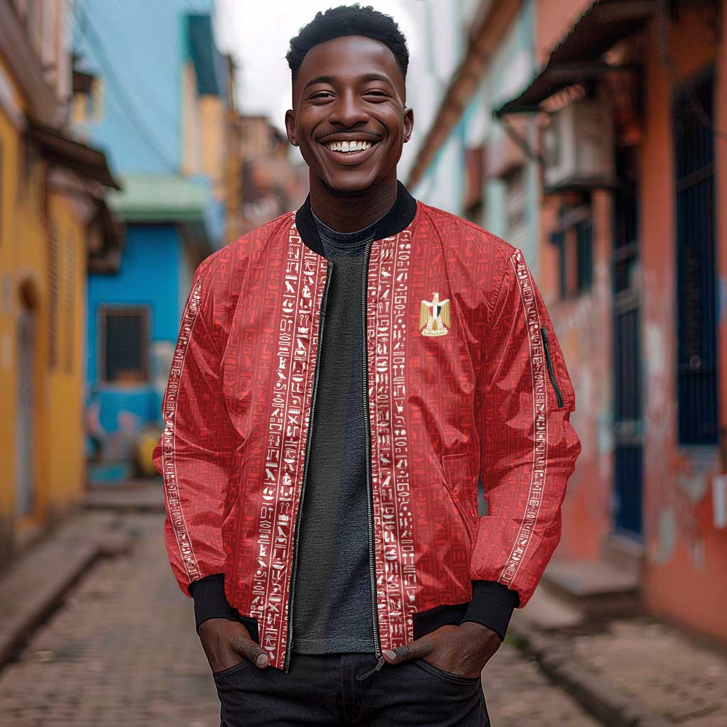 World Football 2026 Egypt Custom Sleeve Zip Bomber Jacket Red Ancient Egyptian Hieroglyphs - African Pride