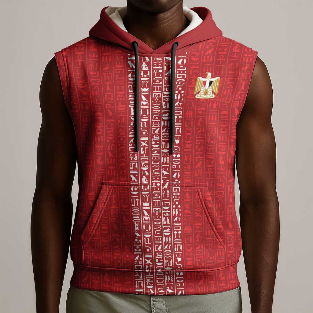 World Football 2026 Egypt Custom Sleeveless Hoodie Red Ancient Egyptian Hieroglyphs - African Pride
