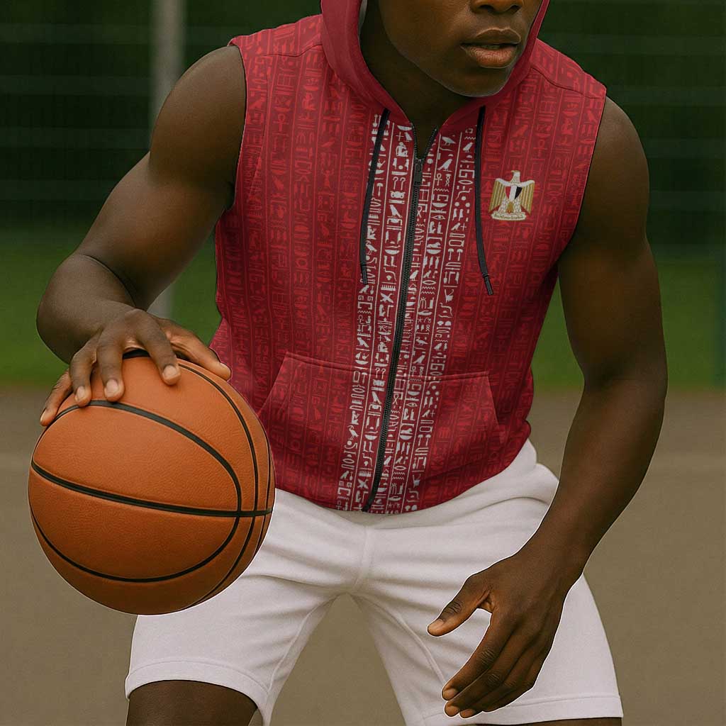 World Football 2026 Egypt Custom Sleeveless Zip Hoodie Red Ancient Egyptian Hieroglyphs - African Pride