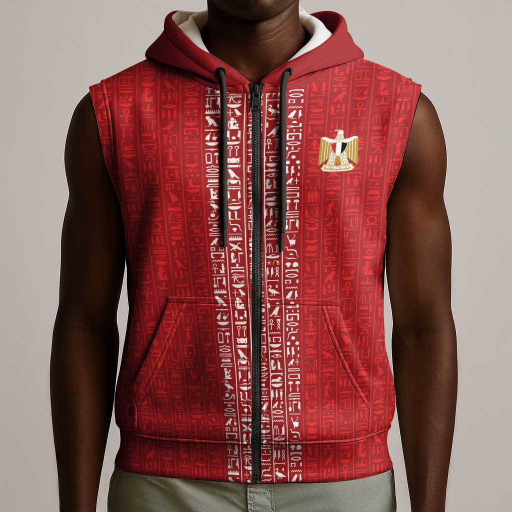 World Football 2026 Egypt Custom Sleeveless Zip Hoodie Red Ancient Egyptian Hieroglyphs - African Pride