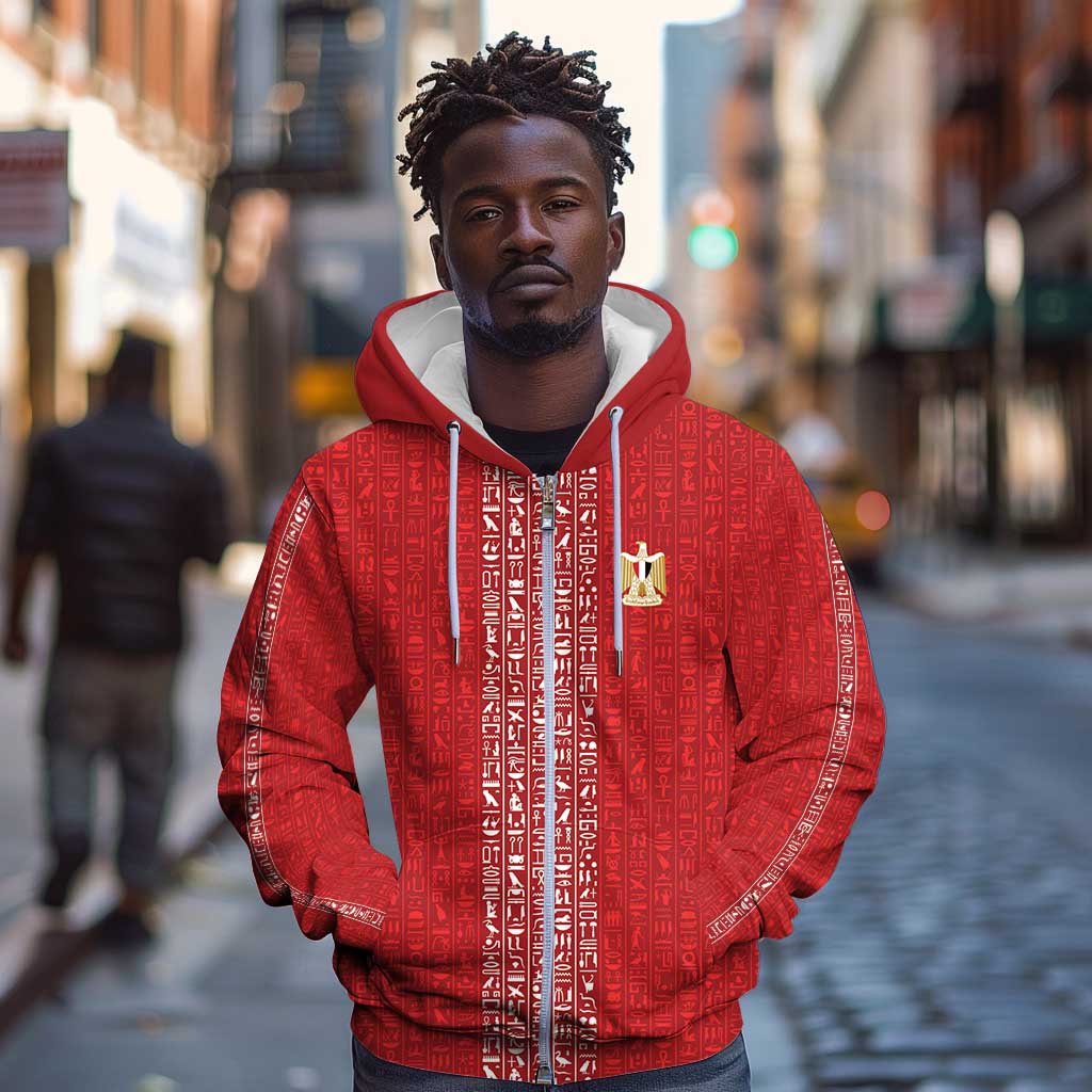 World Football 2026 Egypt Custom Zip Hoodie Red Ancient Egyptian Hieroglyphs - African Pride