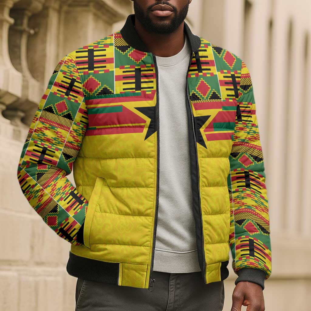 World Football 2026 Ghana Custom Bomber Puffer Jacket Black Stars African Kente Pattern - African Pride