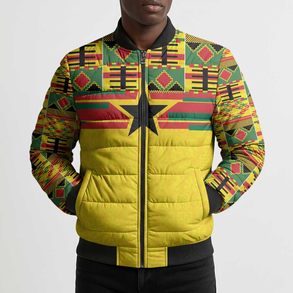 World Football 2026 Ghana Custom Bomber Puffer Jacket Black Stars African Kente Pattern - African Pride