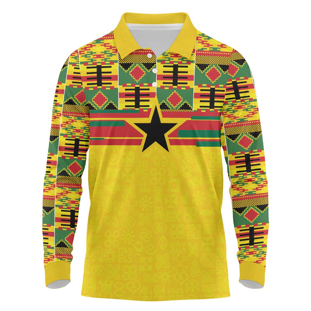 World Football 2026 Ghana Custom Long Sleeve Polo Shirt Black Stars African Kente Pattern - African Pride