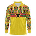 World Football 2026 Ghana Custom Long Sleeve Polo Shirt Black Stars African Kente Pattern - African Pride