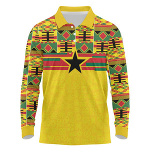 World Football 2026 Ghana Custom Long Sleeve Polo Shirt Black Stars African Kente Pattern - African Pride