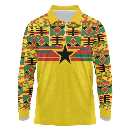 World Football 2026 Ghana Custom Long Sleeve Polo Shirt Black Stars African Kente Pattern - African Pride