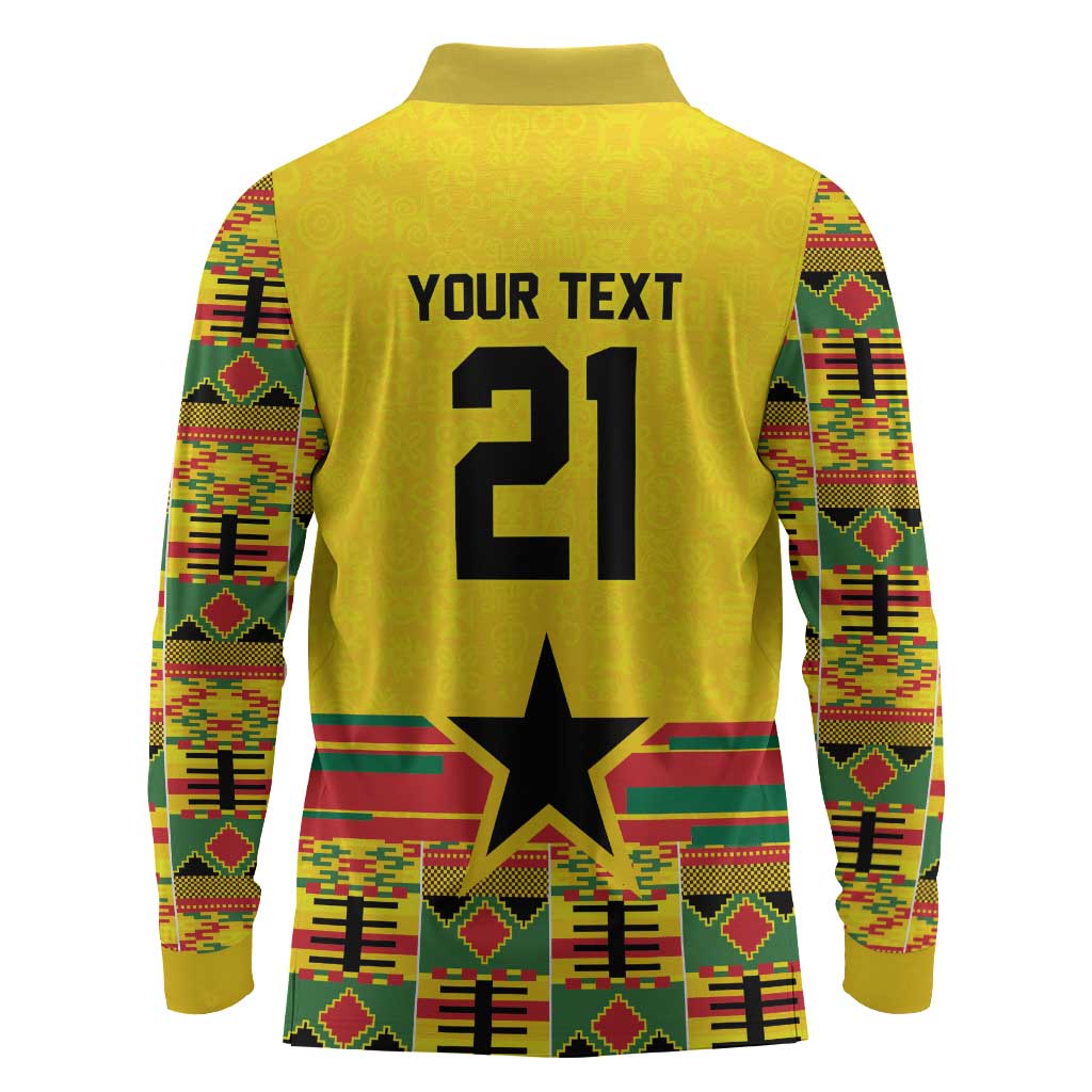 World Football 2026 Ghana Custom Long Sleeve Polo Shirt Black Stars African Kente Pattern - African Pride