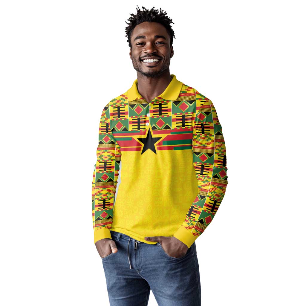 World Football 2026 Ghana Custom Long Sleeve Polo Shirt Black Stars African Kente Pattern - African Pride