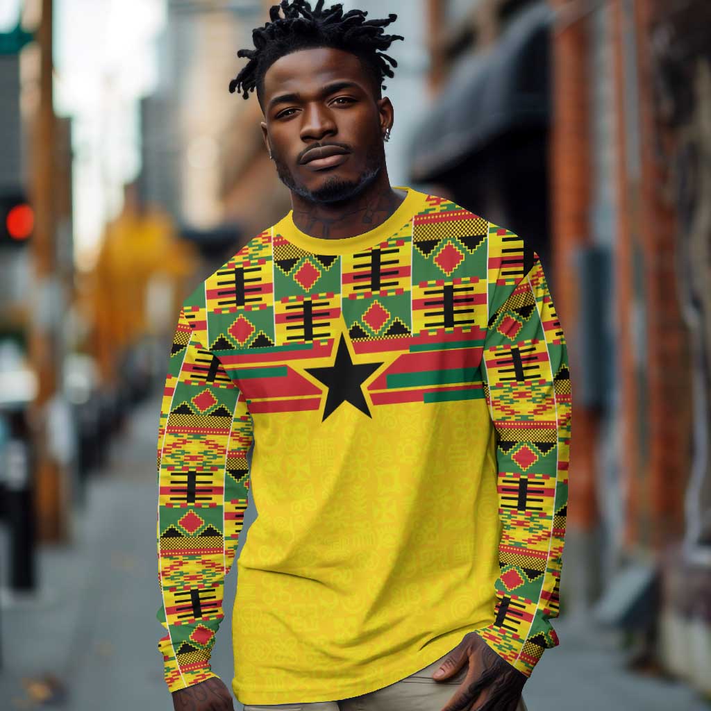 World Football 2026 Ghana Custom Long Sleeve Shirt Black Stars African Kente Pattern - African Pride
