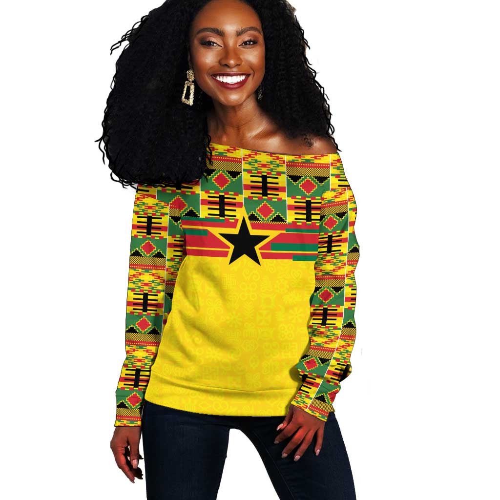 World Football 2026 Ghana Custom Off Shoulder Sweater Black Stars African Kente Pattern - African Pride