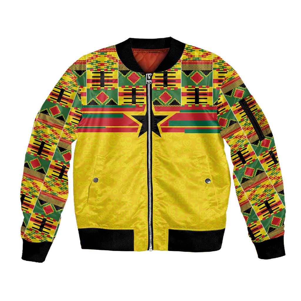 World Football 2026 Ghana Custom Sleeve Zip Bomber Jacket Black Stars African Kente Pattern - African Pride