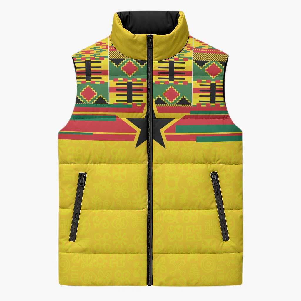 World Football 2026 Ghana Custom Sleeveless Puffer Jacket Black Stars African Kente Pattern - African Pride
