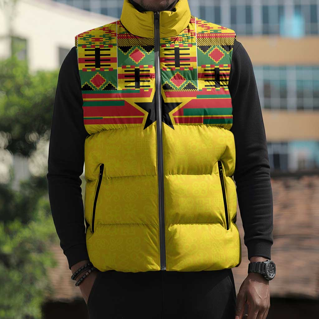 World Football 2026 Ghana Custom Sleeveless Puffer Jacket Black Stars African Kente Pattern - African Pride