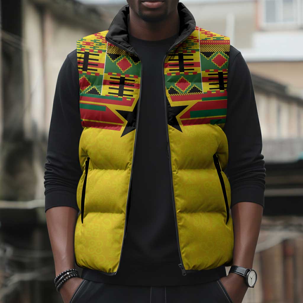 World Football 2026 Ghana Custom Sleeveless Puffer Jacket Black Stars African Kente Pattern - African Pride