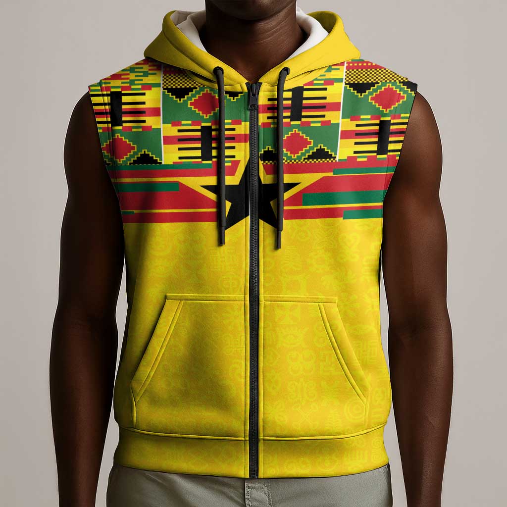 World Football 2026 Ghana Custom Sleeveless Zip Hoodie Black Stars African Kente Pattern - African Pride