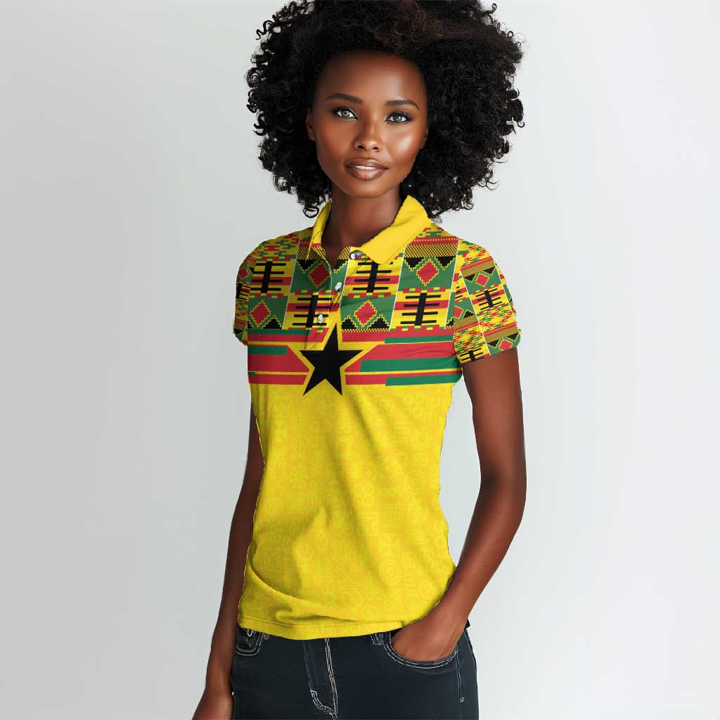 World Football 2026 Ghana Custom Women Polo Shirt Black Stars African Kente Pattern - African Pride