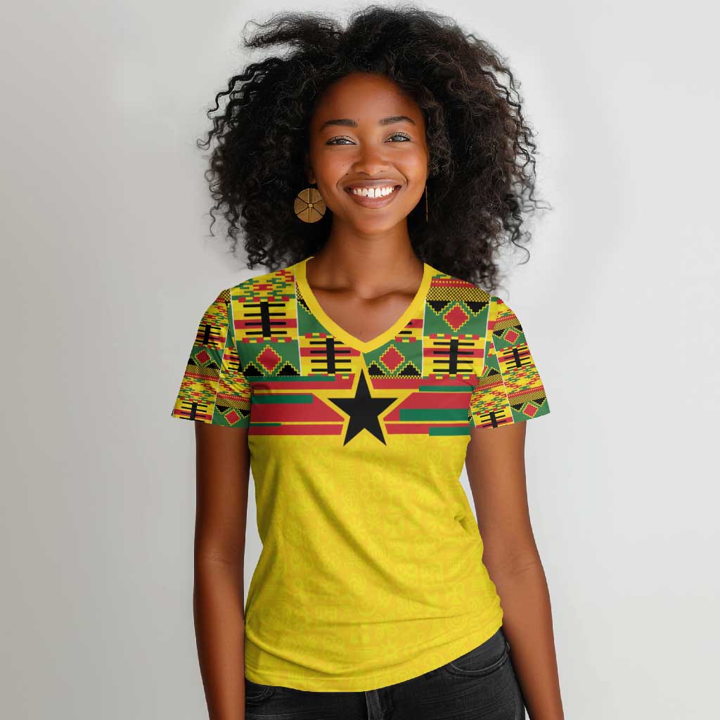 World Football 2026 Ghana Custom Women V-Neck T-Shirt Black Stars African Kente Pattern - African Pride