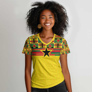 World Football 2026 Ghana Custom Women V-Neck T-Shirt Black Stars African Kente Pattern - African Pride