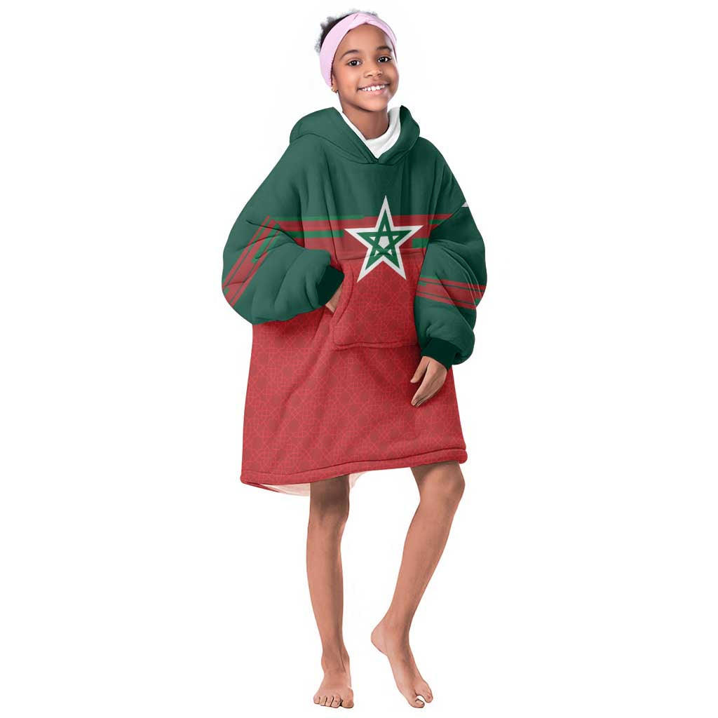 World Football 2026 Morocco Custom Kid Wearable Blanket Hoodie African Geometric Red Pattern - African Pride