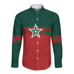 World Football 2026 Morocco Custom Long Sleeve Button Shirt African Geometric Red Pattern - African Pride