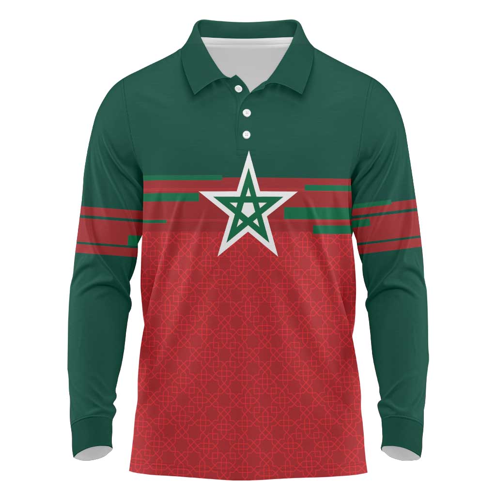 World Football 2026 Morocco Custom Long Sleeve Polo Shirt African Geometric Red Pattern - African Pride
