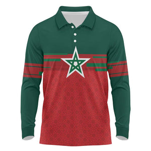 World Football 2026 Morocco Custom Long Sleeve Polo Shirt African Geometric Red Pattern - African Pride